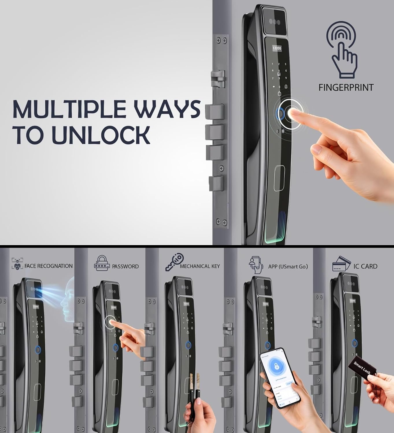 Smart Door Lock with Camera & 3D Face Recognition, Keyless Entry Door Lock with Fingerprint, Password, IC Card, App Control & Doorbell, Secure Mortise Lock for Front Door (Usmart App)