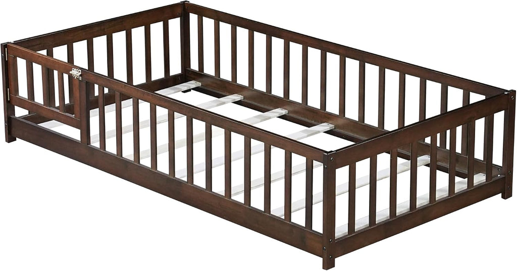 Bellemave Floor Bed for Kids,Twin Size Montessori Floor Bed with Door and Fence,Solid Wood Twin Bed Frame with Removable Slats for Girls Boys,Twin,Espresso