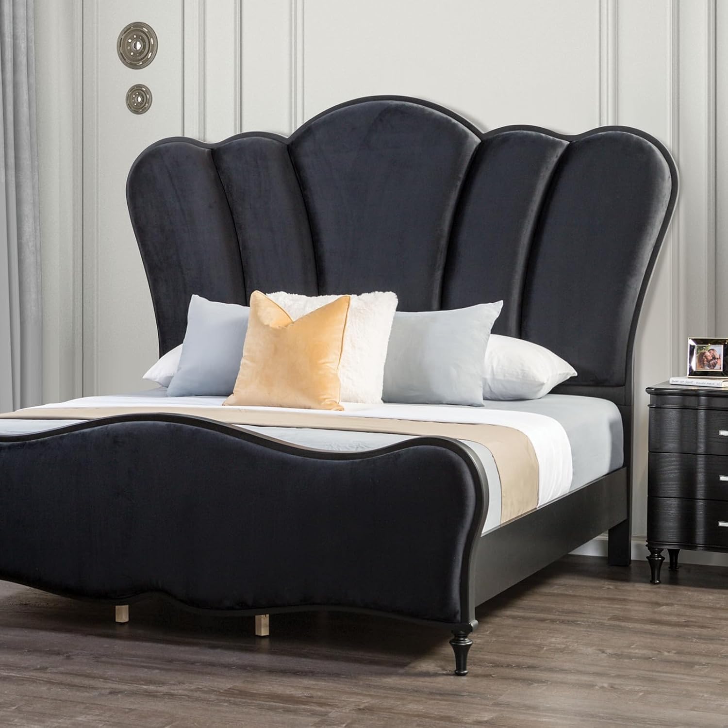 Lovely Bedroom 3pc Set King Size Bed 2X Nightstands Black Fabric Padded HB Wood Legs
