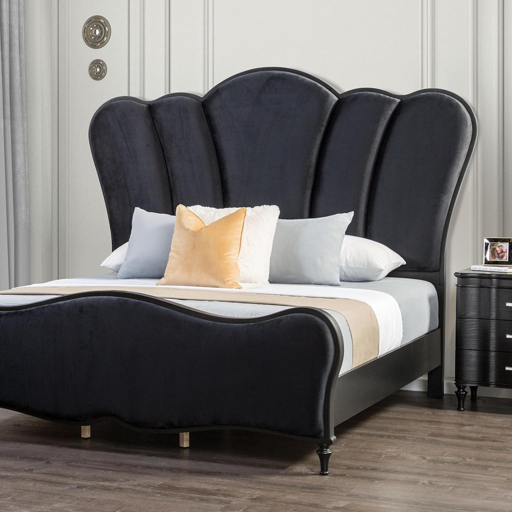 Lovely Bedroom 3pc Set King Size Bed 2X Nightstands Black Fabric Padded HB Wood Legs