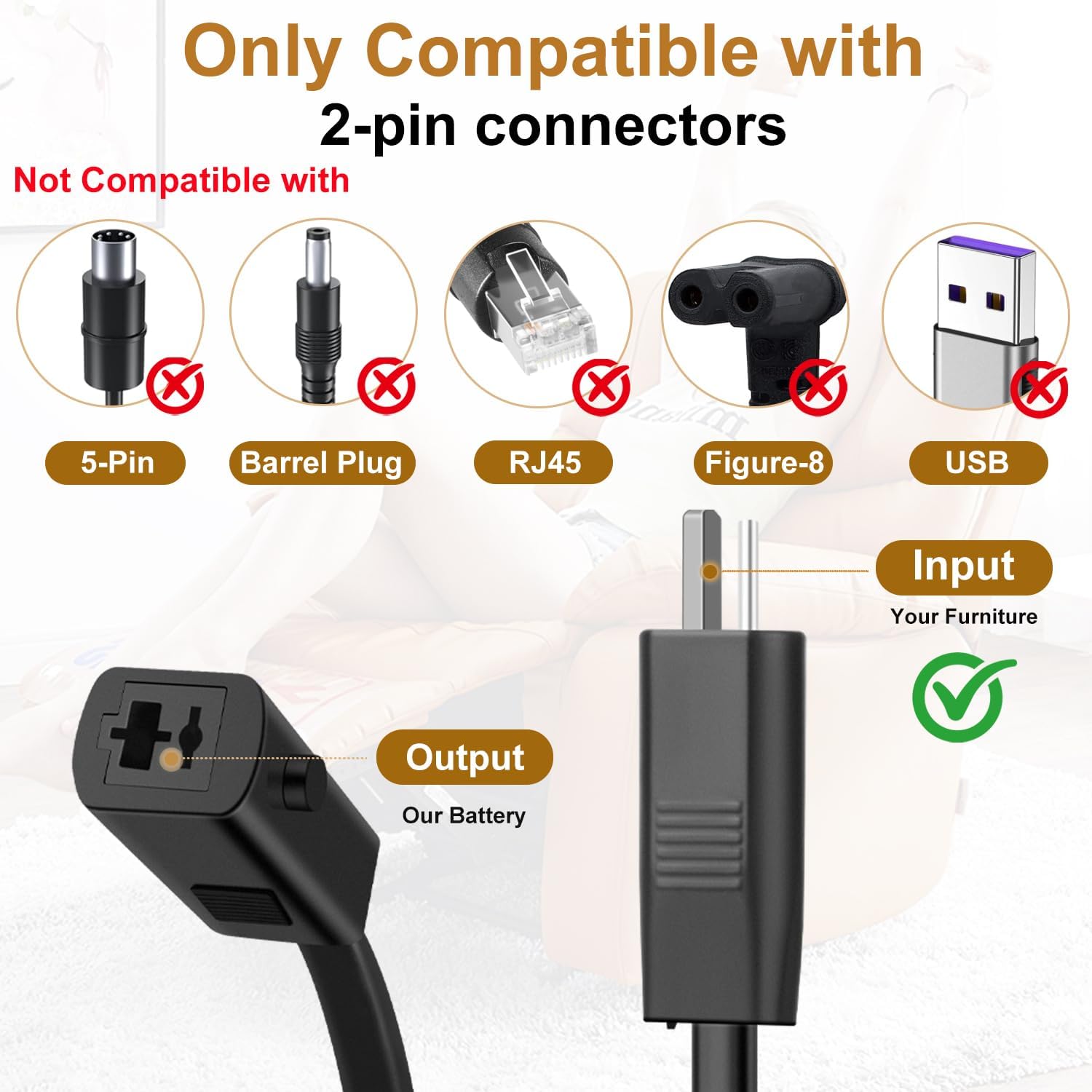 2 Pack Battery Packs for Reclining Furniture - 2500mAh with LCD Display for Electric Recliners, Power Sofas, Lift Chairs and Couch - only Compatible with 2-Pin Connector Motion Furniture