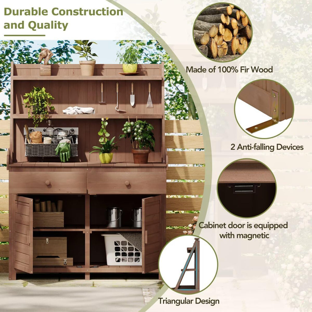 JIJIWANG 65' Garden Potting Bench Table, Fir Wood Workstation with Storage Shelf, Drawer and Cabinet, Brown