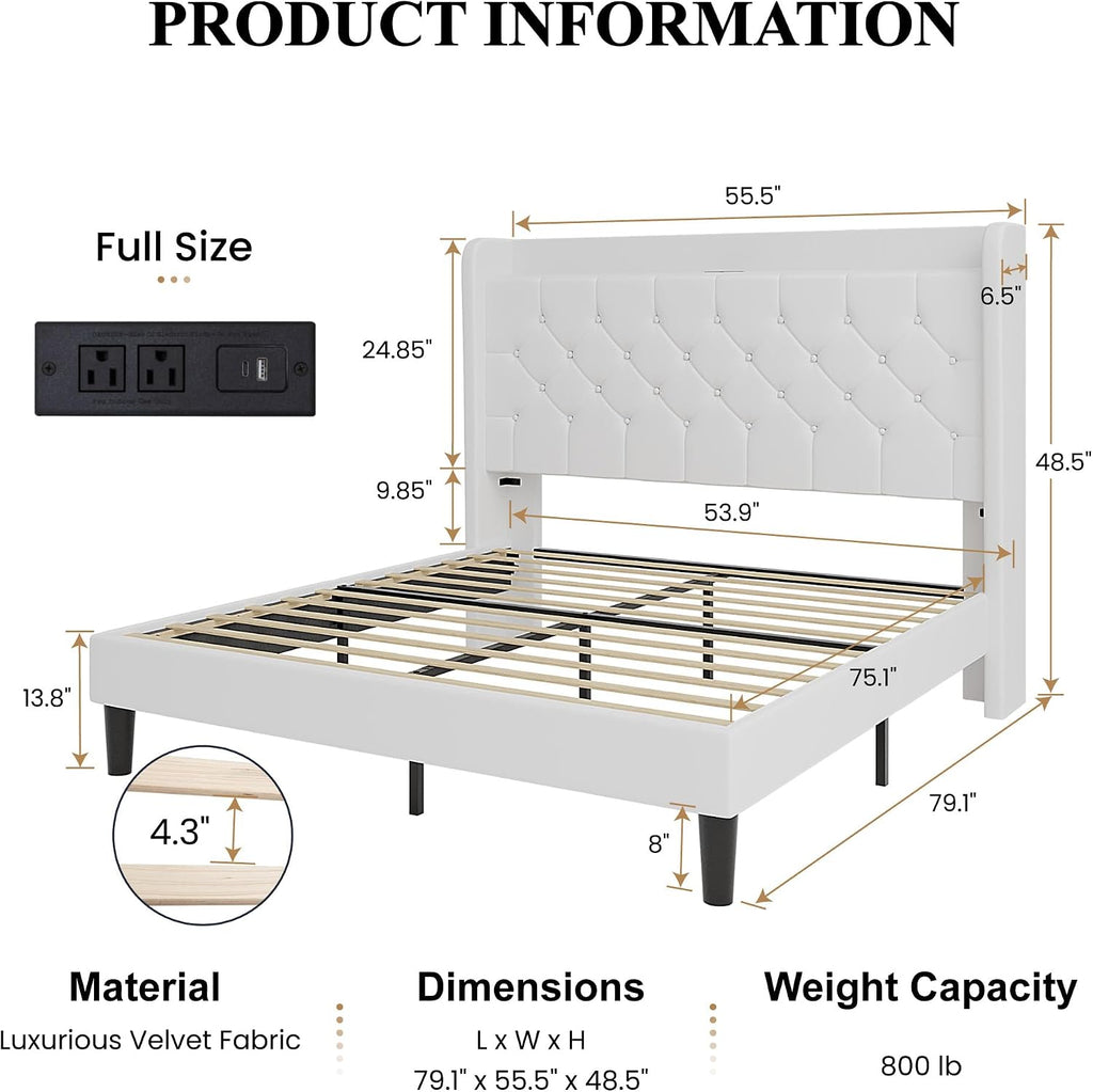 SHA CERLIN Full Size Platform Bed Frame with Charging Station, Velvet Wingback Headboard with Storage Shelf, Wooden Slats Support, Ample Under-Bed Space, No Box Spring Needed, Easy Assembly, White