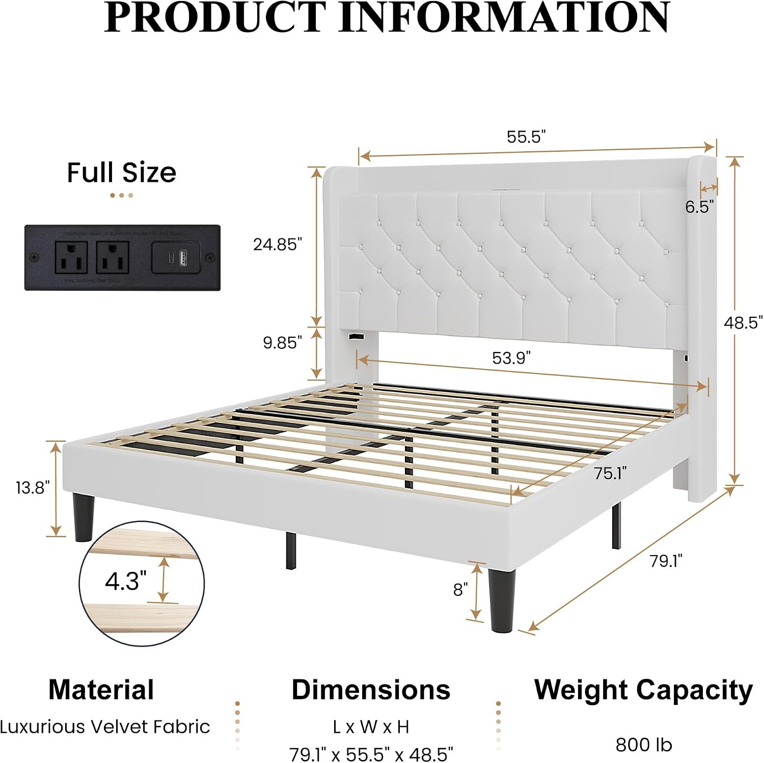 SHA CERLIN Full Size Platform Bed Frame with Charging Station, Velvet Wingback Headboard with Storage Shelf, Wooden Slats Support, Ample Under-Bed Space, No Box Spring Needed, Easy Assembly, White