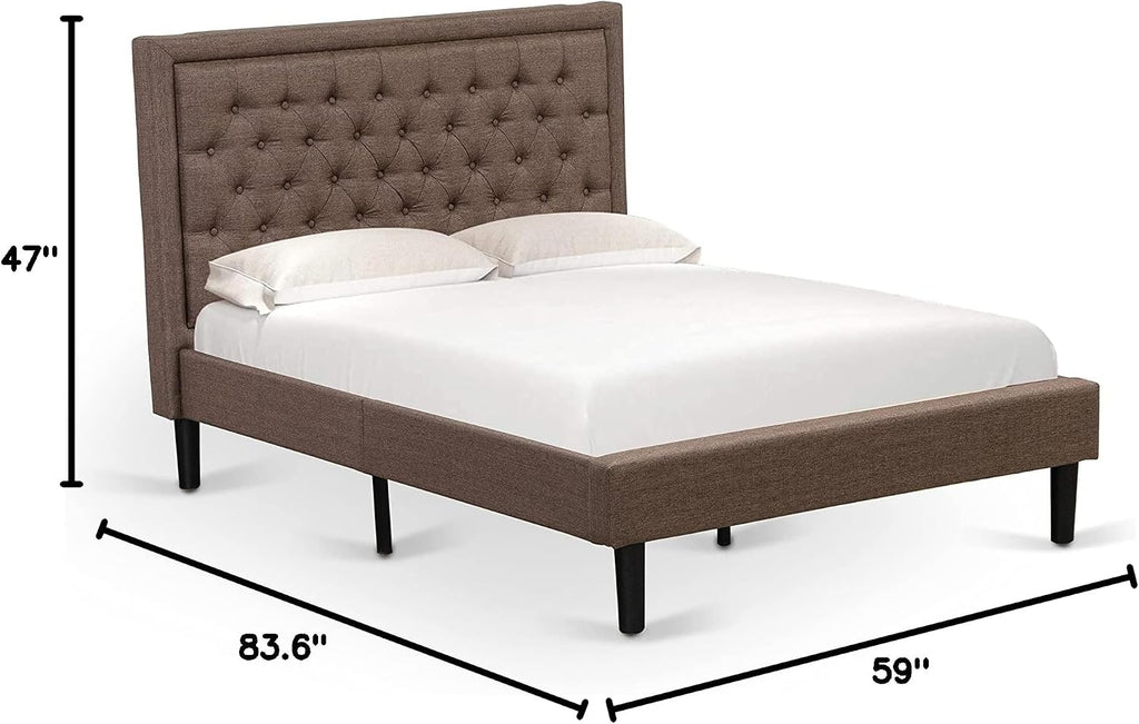East West Furniture KDF-18-F Platform Full Bed Frame - Brown Linen Fabric Upholstered Bed Headboard with Button Tufted Trim Design - Black Legs