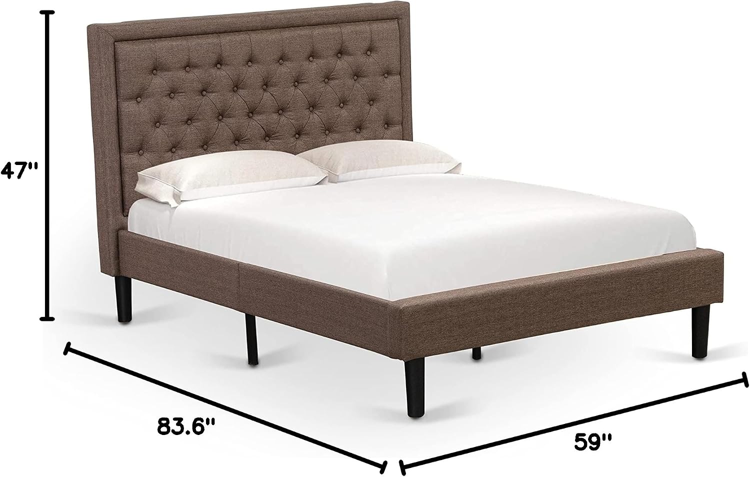 East West Furniture KDF-18-F Platform Full Bed Frame - Brown Linen Fabric Upholstered Bed Headboard with Button Tufted Trim Design - Black Legs