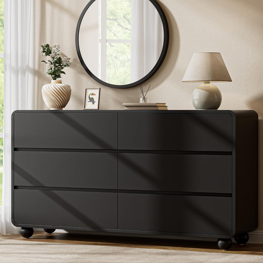 Lulive Wood Dresser for Bedroom, 53' Wide Chest of Drawers with 6 Drawers, Modern Closet Storage Drawer with Curved Profile Design for Living Room, Hallway, Entryway, Black