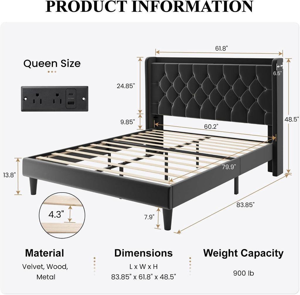 SHA CERLIN Full Size Platform Bed Frame with Charging Station, Velvet Wingback Headboard with Storage Shelf, Wooden Slats Support, Ample Under-Bed Space, No Box Spring Needed, Easy Assembly, Black
