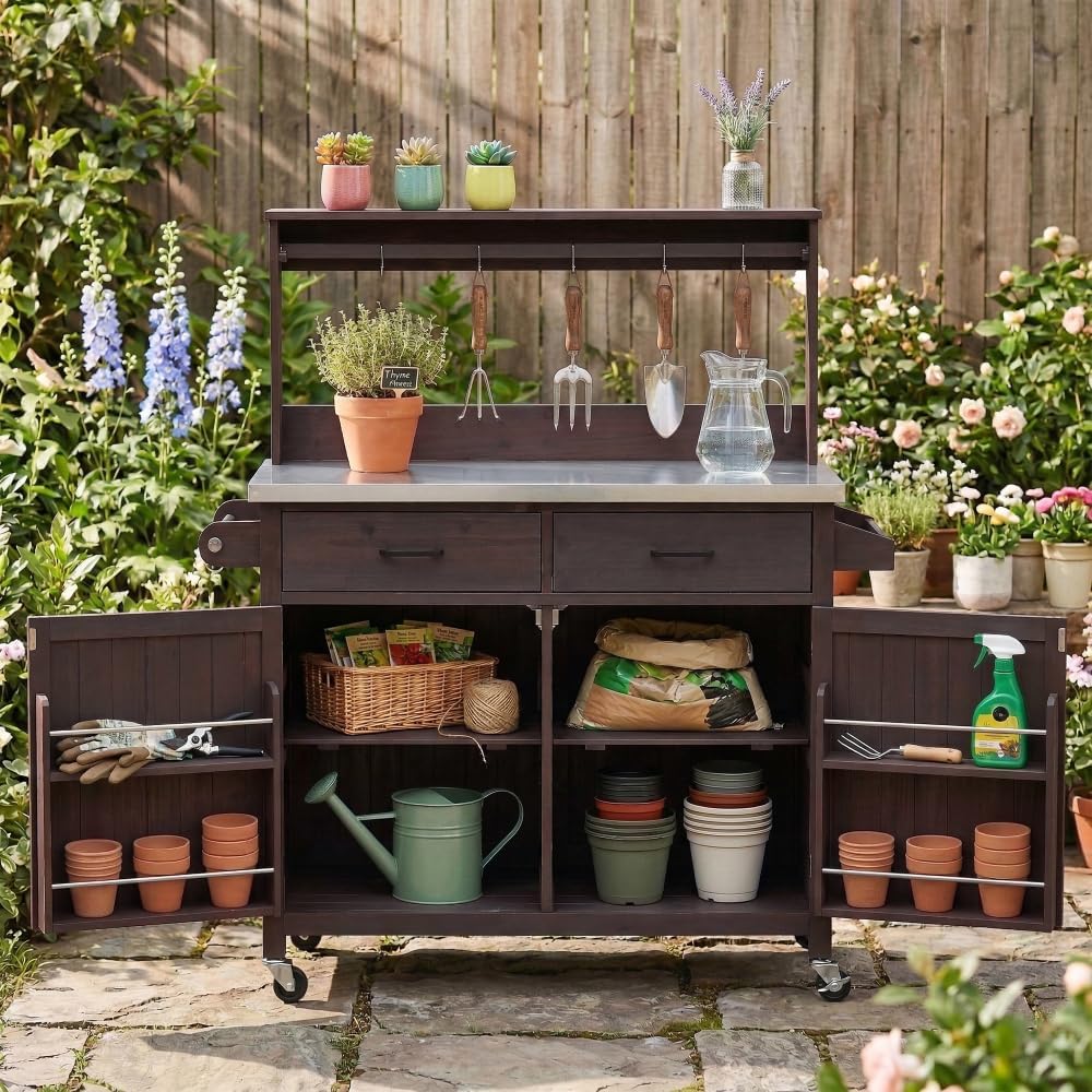 54.1' Outdoor Kitchen Island with High Shelf, Large Outdoor Garden Potting Bench Table with Stainless Steel Top and Storage Cabinet, Solid Wood Grill Cart With Lockable Wheels for BBQ (Brown)