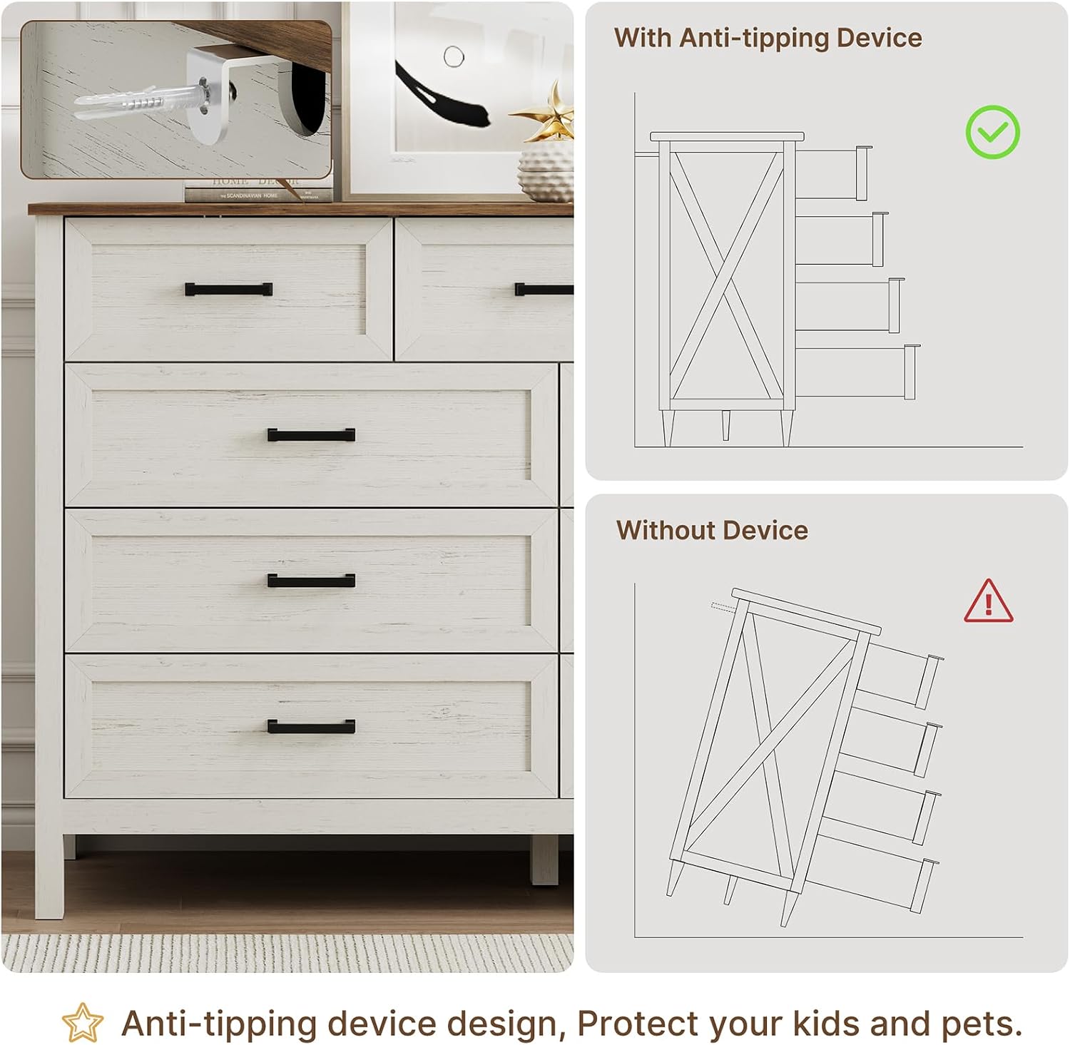 LYNSOM Farmhouse 9 Drawer Dresser for Bedroom, 55 Inch Wide Wood Rustic Chest of Drawers with X-Marking & Bar Handle, Large Storage Dressers Organizer for Bedroom, Living Room, Antique White