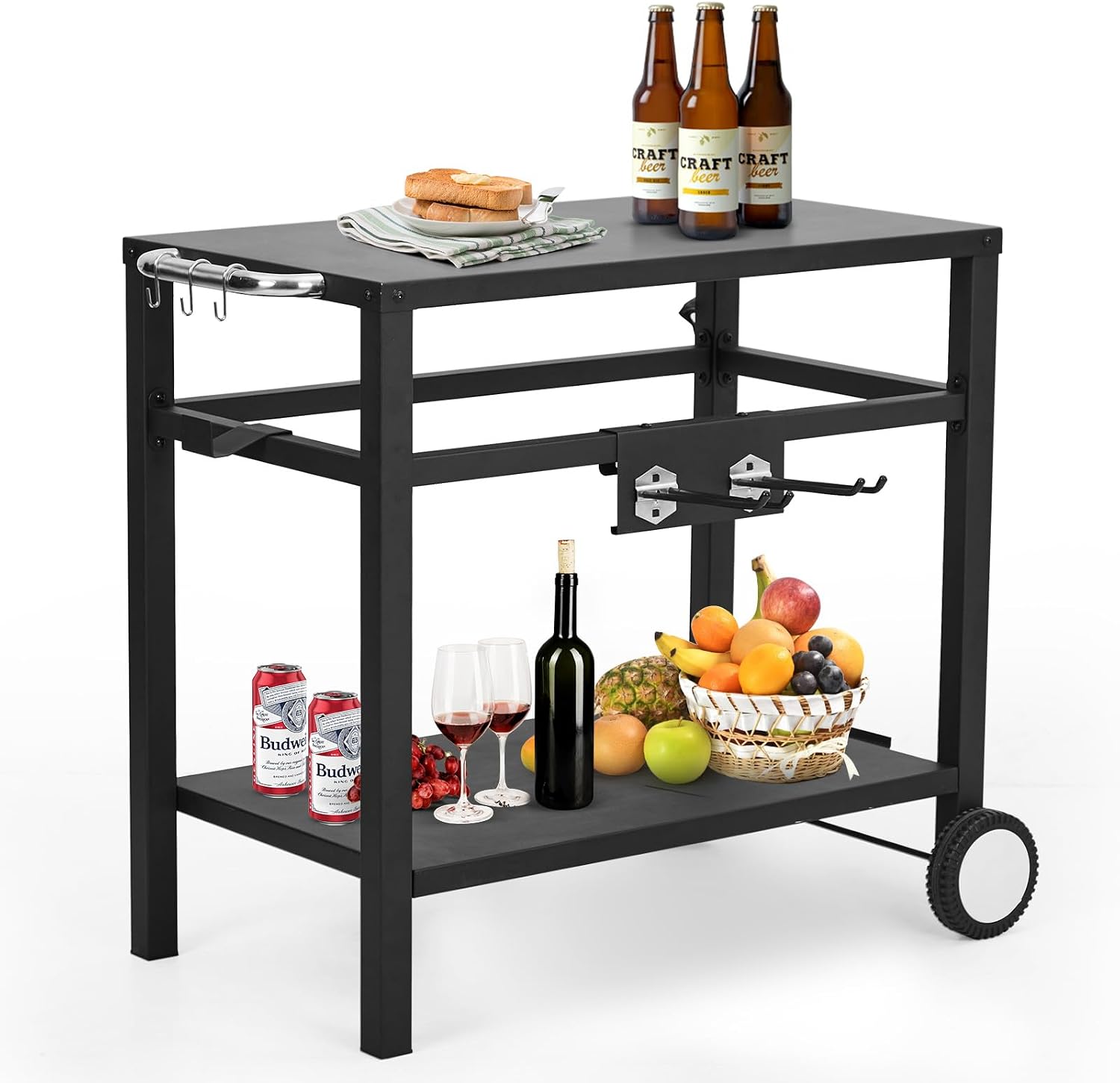 Outdoor Grill Cart - Portable Barbecue Table with Rolling Wheels, Hooks, Double Shelves, Removable Steel Flat Top Work Surface, Side Handles, Multifunctional Commercial Design