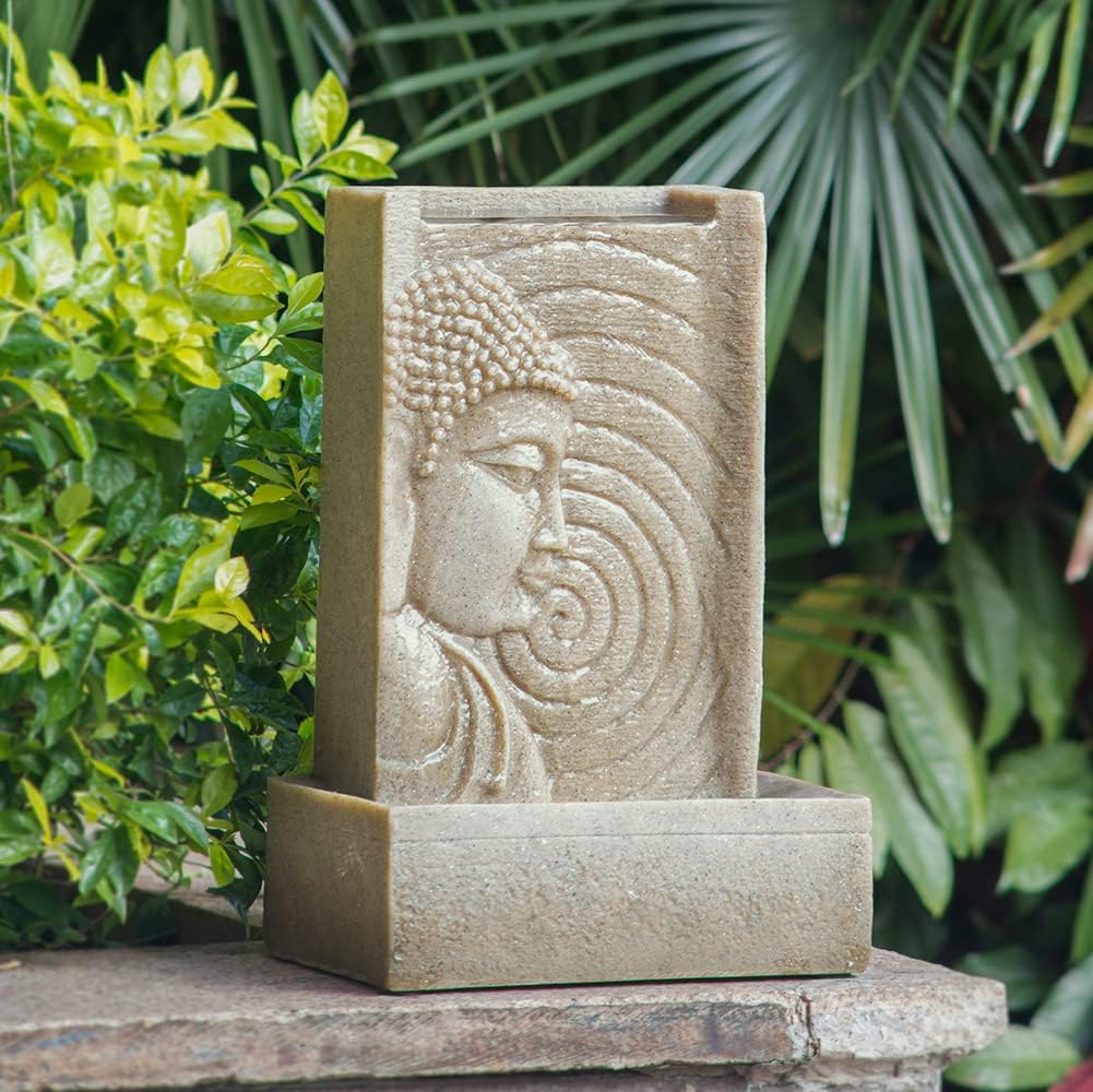 Small Water Fountain Indoor, 14' Buddha Water Fountain with LED Light and Circular Water Flow for Good Luck for Indoor Home Office Tabletop and Outdoor Decor