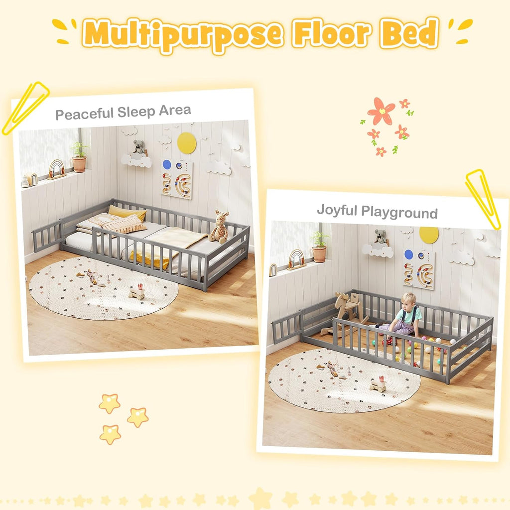 KOMFOTT Twin Size Wood Floor Bed with Door & Fence, Montessori Bed Frame with Full Length Safety Guardrails, Door & Latch, Wooden Montessori Floor Bed for Kids, Girls, Boys (Grey, Twin)