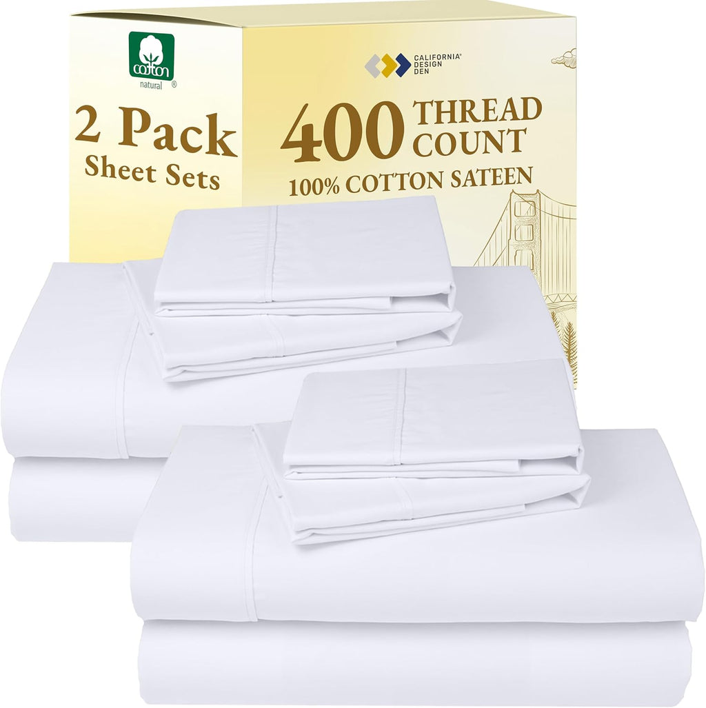 California Design Den Pack of 2 Sheet Sets King Size - 400 Thread Count 100% Cotton Sateen - Soft and Breathable Sheets, 2 Sets of Deep Pocket Bed Sheets - Bright White