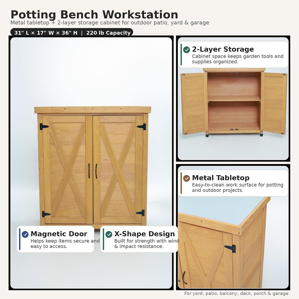 Potting Bench with Storage Cabinet & Metal Top, Solid Wood Hemlock Outdoor Work Station Table, X-Shape Sturdy Design, Magnetic Door, Gray/Light Brown, 31'x17'x36' (Light Brown)