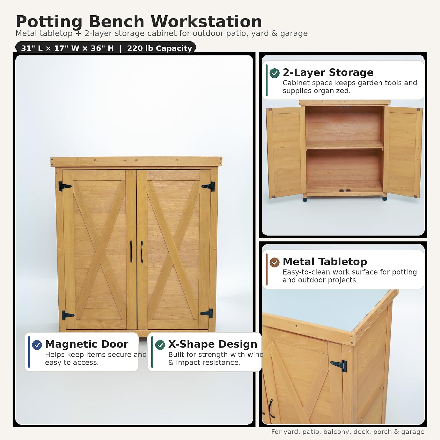 Potting Bench with Storage Cabinet & Metal Top, Solid Wood Hemlock Outdoor Work Station Table, X-Shape Sturdy Design, Magnetic Door, Gray/Light Brown, 31'x17'x36' (Light Brown)