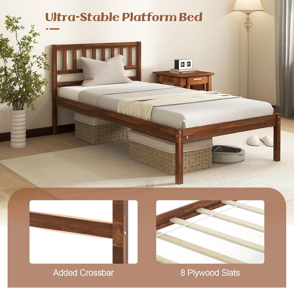 KOMFOTT Twin Size Wood Platform Bed Frame with Headboard, 16-Inch Mid-Century Wooden Bed Frame with Slats Support & 12' Under Bed Storage Space, Retro Mattress Foundation, No Box Spring Needed