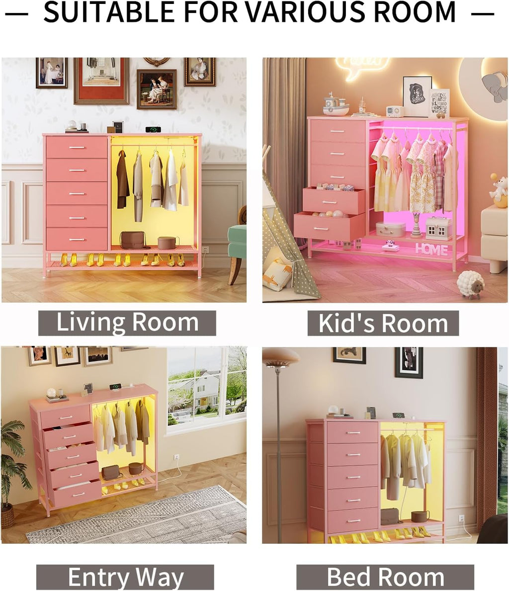 Dresser for Bedroom, Dresser with Hanging Rack Led Lights and Charging Station, Tall Dresser with 5 Fabric Chest of Drawers with PU Finish Storage Organizer, for Living Room Kids Room Closet, Pink
