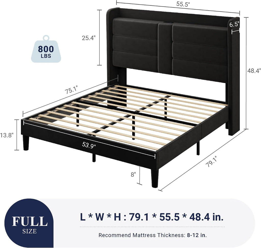 Allewie Full Size Platform Bed Frame with Charging Station & Storage Headboard, Upholstered Velvet Wingback Design & USB Port, Strong Wooden Slats Support, No Box Spring Needed, Easy Assembly, Black