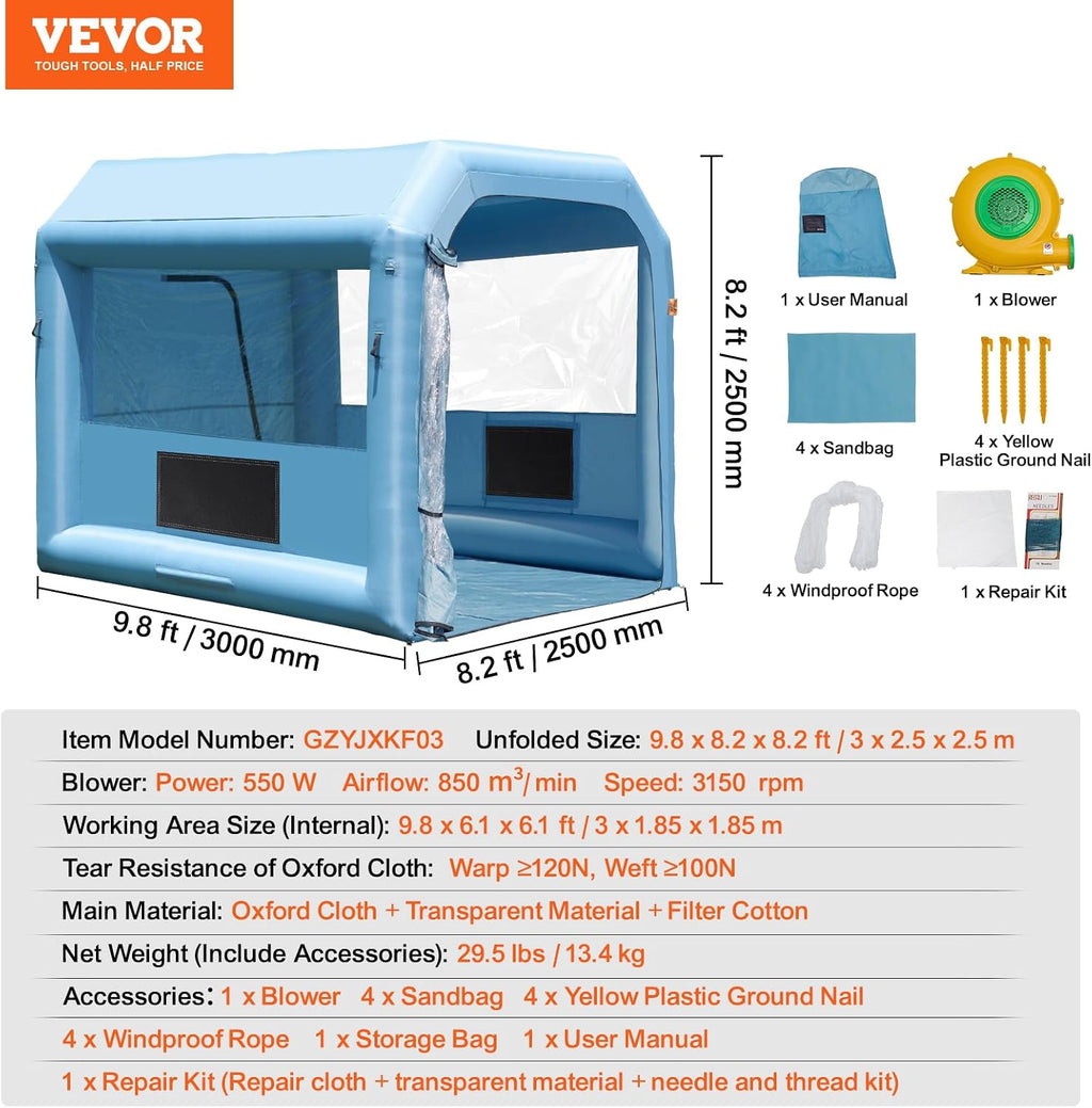 VEVOR Inflatable Paint Booth, 9.8 x 8.2 x 8.2 ft Inflatable Spray Booth, with 550W Powerful Blower and Air Filter System, Portable Car Paint Booth for Motorcycle, Bicycle, Small Furniture Painting