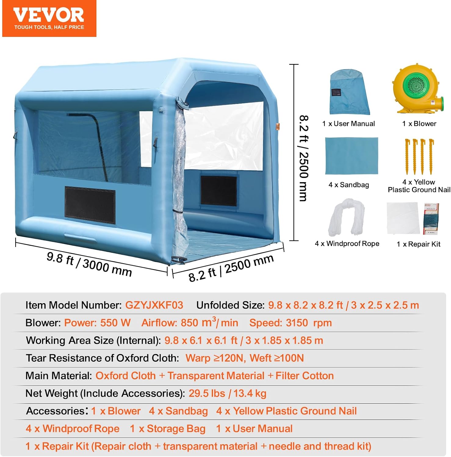 VEVOR Inflatable Paint Booth, 9.8 x 8.2 x 8.2 ft Inflatable Spray Booth, with 550W Powerful Blower and Air Filter System, Portable Car Paint Booth for Motorcycle, Bicycle, Small Furniture Painting