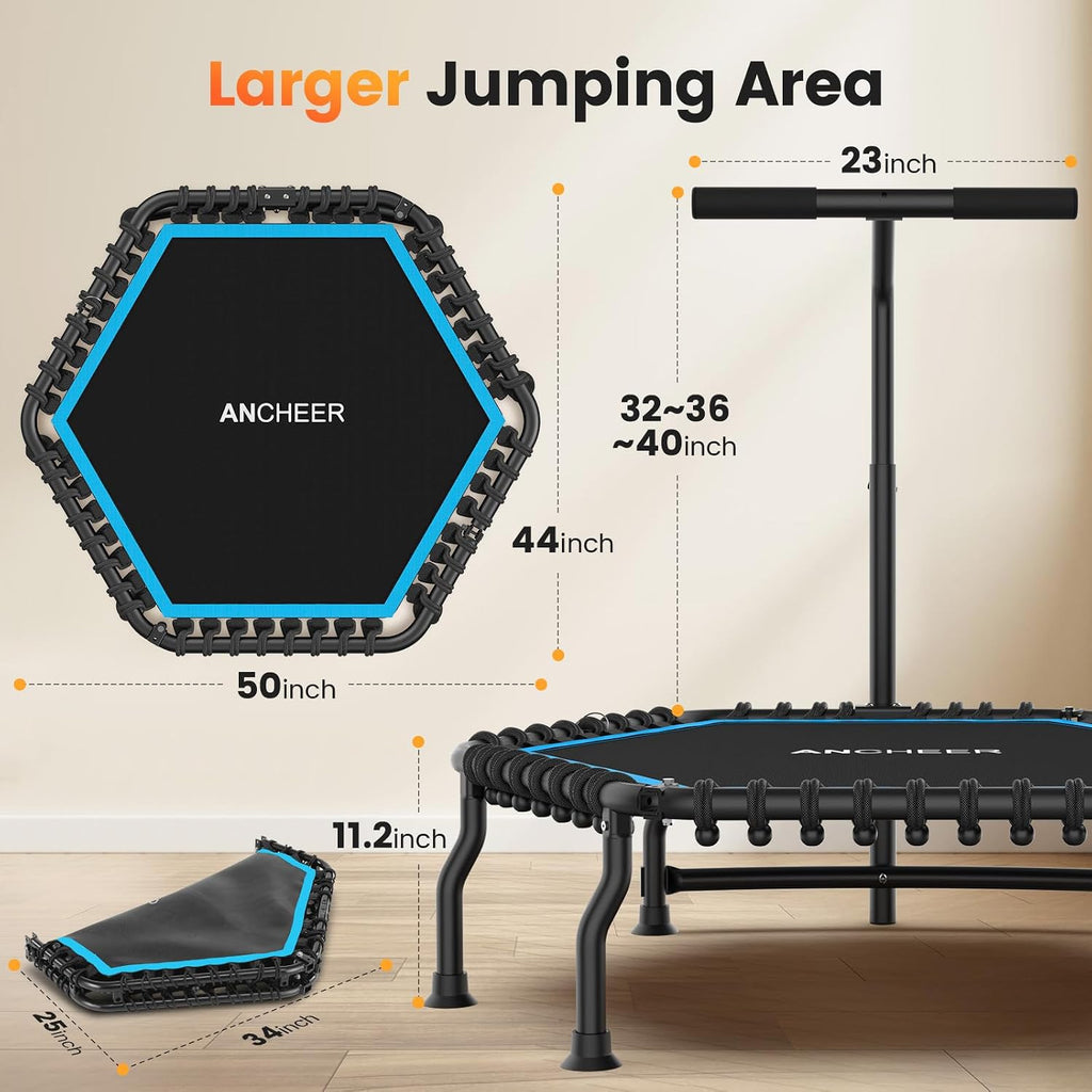 ANCHEER 50' Rebounder Trampoline for Adults- 2026 Foldable Mini Trampoline with Bar- Exercise Trampoline for Adults, Max Load 560lbs, for Indoor/Garden Workout