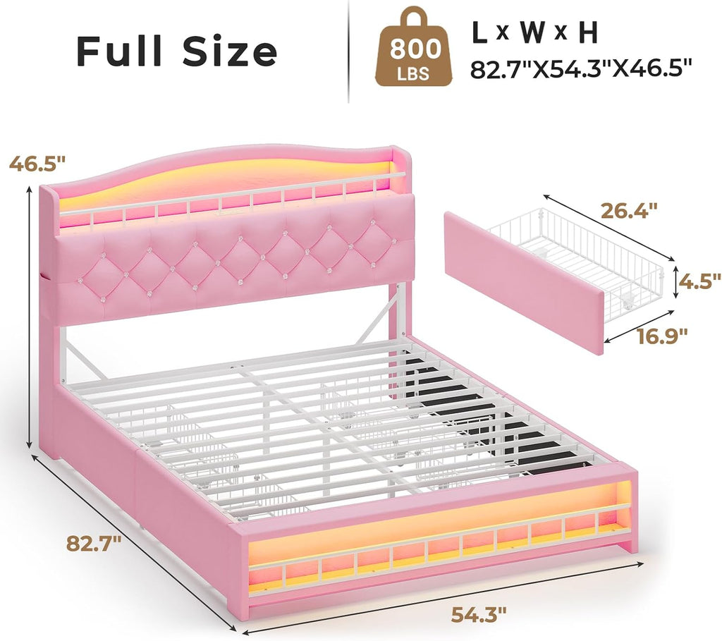 HAUOMS Full Size Bed Frame with LED Lights & 4 Drawers, Princess Velvet Upholstered Platform Bed for Girls, Headboard with Charging Station & Guardrail & Crystal Button, No Box Spring Needed, Pink
