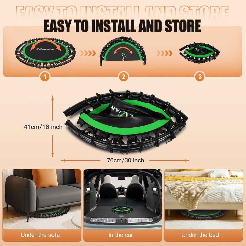 ANCHEER 40'/48' Foldable Mini Trampoline,Max Load 450lbs/550lbs Indoor Trampoline,with 4 Level Adjustable Foam Handle and Resistance Bands,Adult Exercise Trampoline for Home, Garden, and Gym