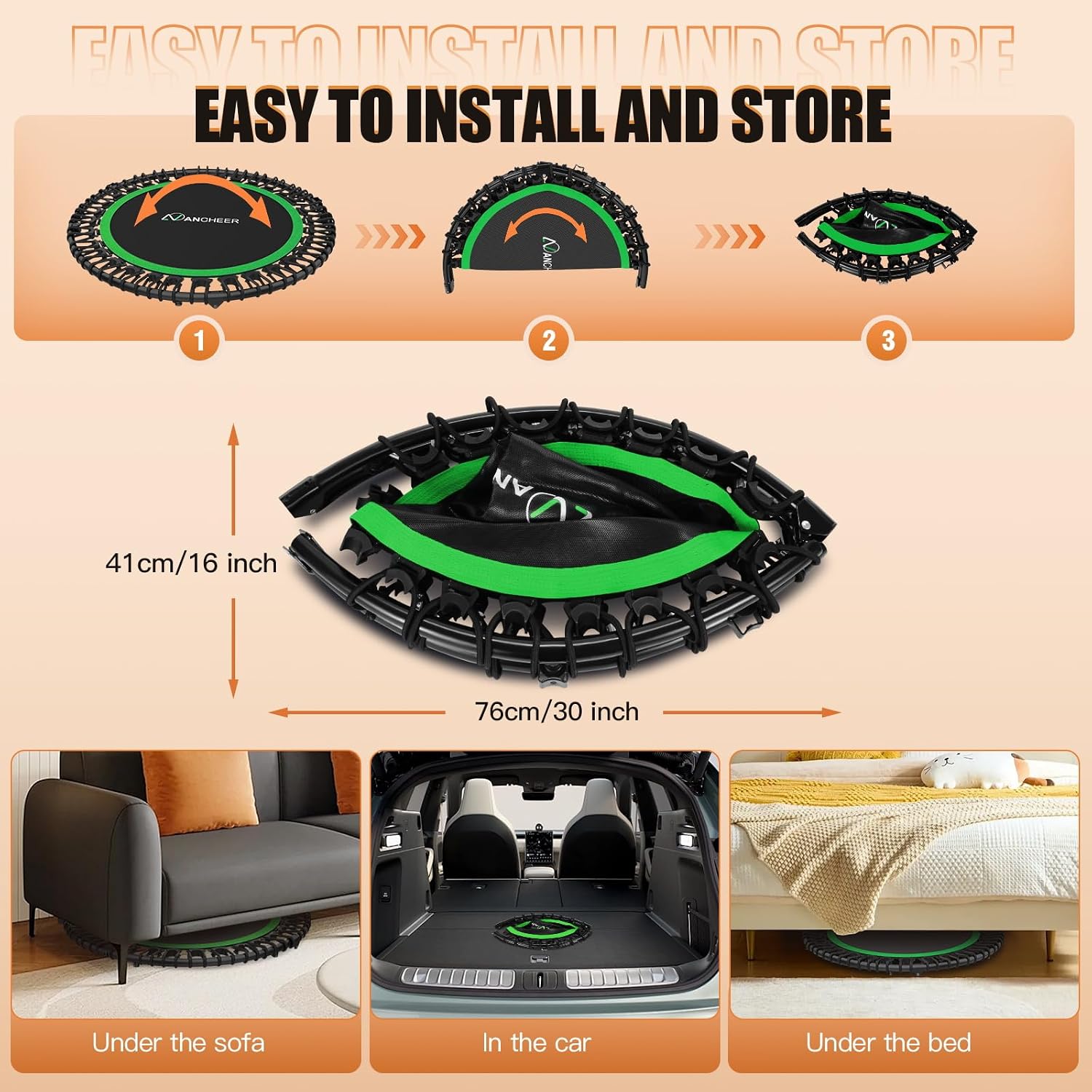 ANCHEER 40'/48' Foldable Mini Trampoline,Max Load 450lbs/550lbs Indoor Trampoline,with 4 Level Adjustable Foam Handle and Resistance Bands,Adult Exercise Trampoline for Home, Garden, and Gym