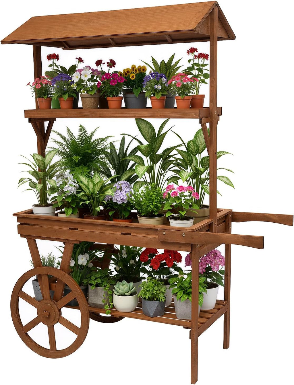 Large Country Market Wooden Rolling Table Cart, Antique Solid Wood Decor Display Rack Cart with Wheels, Rolling Table Carts for Display Various Flowers and Candy (Brown)