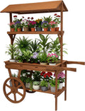 Large Country Market Wooden Rolling Table Cart, Antique Solid Wood Decor Display Rack Cart with Wheels, Rolling Table Carts for Display Various Flowers and Candy (Brown)