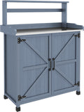 Outdoor Wooden Potting Bench with Cabinet & 2 Shelves – Galvanized Tabletop, Anti-Slip Feet, Weather-Resistant Garden Workstation for Backyard, Balcony, Patio (Gray, 35.75' W)