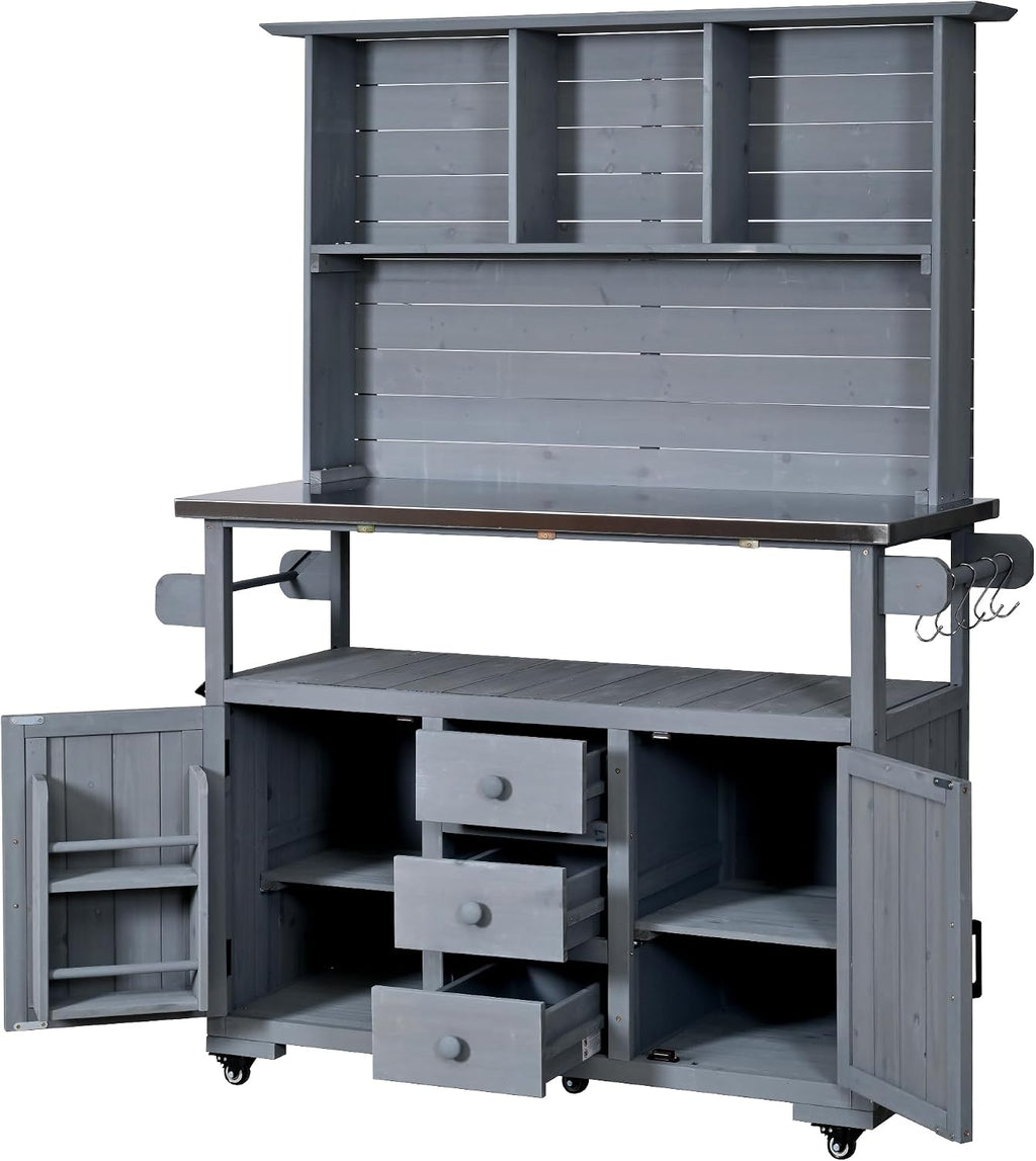 65''H Large Garden Storage Potting Bench with Lockable Wheels, Wood Outdoor Kitchen Island with Stainless Steel top, Drawers, Door Shelves and Hutch for Grilling, Gray
