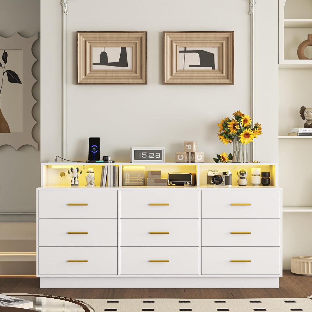 knoworld White 9 Drawer Dressers for Bedroom, Modern Large Dresser with LED Light and Power Outlet, Wooden Long Dresser, Triple Dressers for Bedroom, Entryway, Hallway