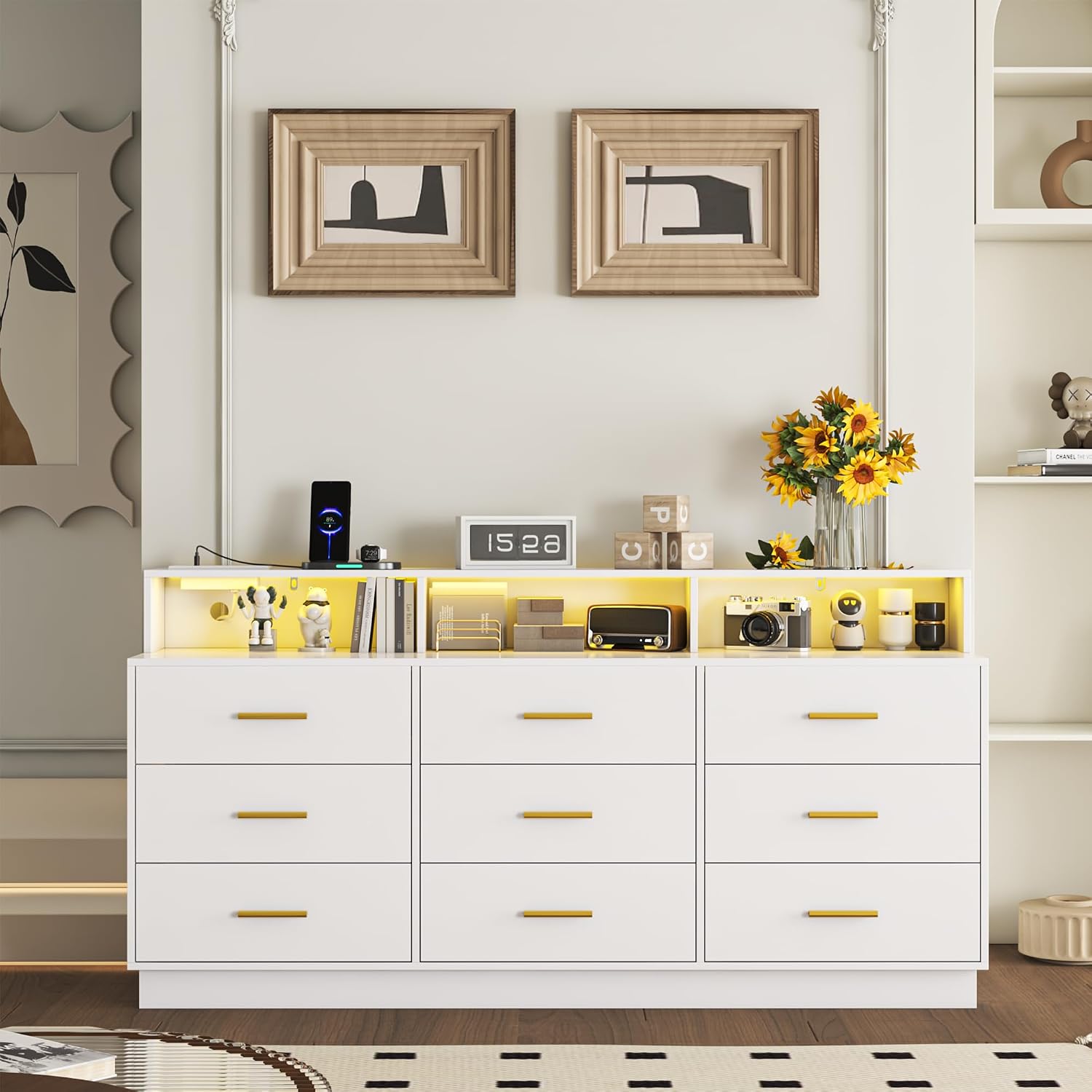 knoworld White 9 Drawer Dressers for Bedroom, Modern Large Dresser with LED Light and Power Outlet, Wooden Long Dresser, Triple Dressers for Bedroom, Entryway, Hallway