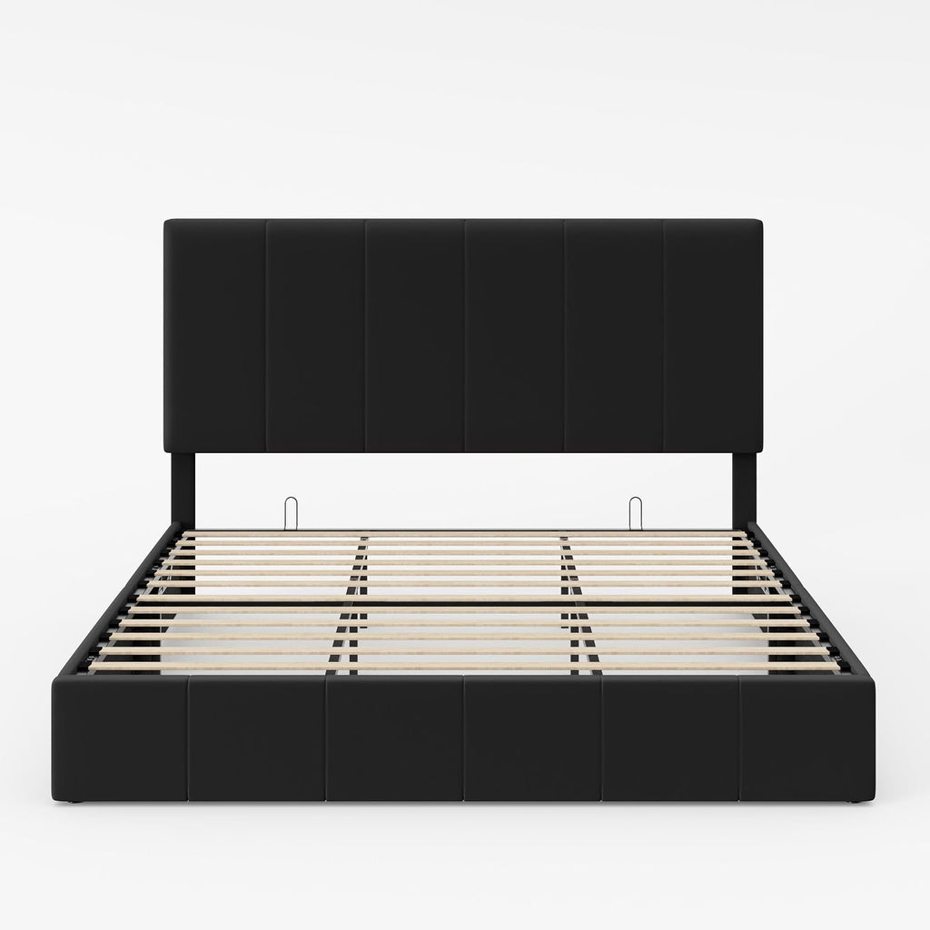 Allewie King Size Velvet Lift Up Storage Bed Frame, Vertical Channel Tufted Headboard, Hydrualic Underneath Storage, Upholstered Platform Bed, Wooden Slats Support, No Box Spring Needed, Black