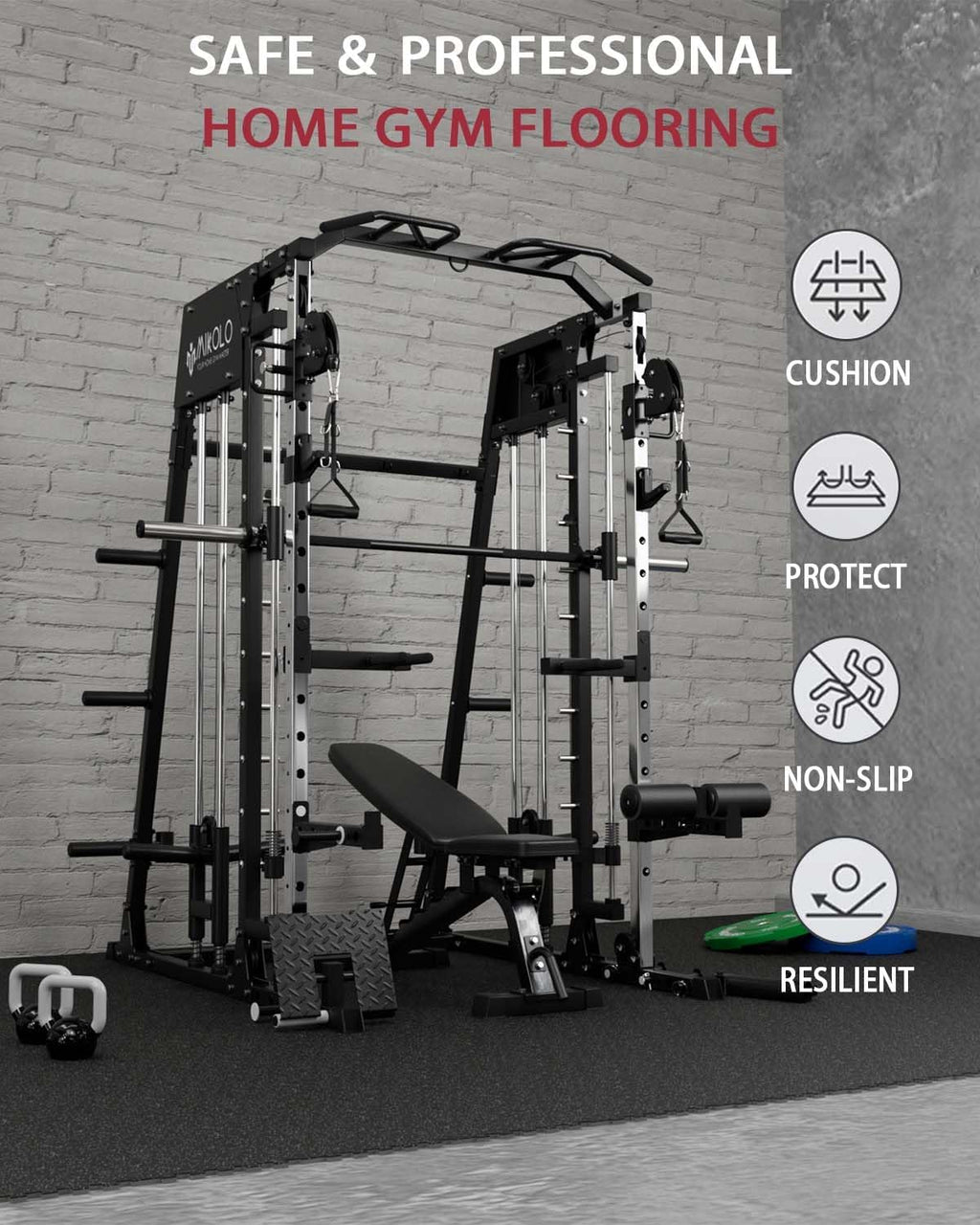Mikolo 0.56'' Thick 12 Pcs 48 Sq Ft Gym Flooring Mats, High-Density EVA Foam with Rubber Top, Interlocking Exercise Equipment Mats for Home Gym, Protective Workout Mat