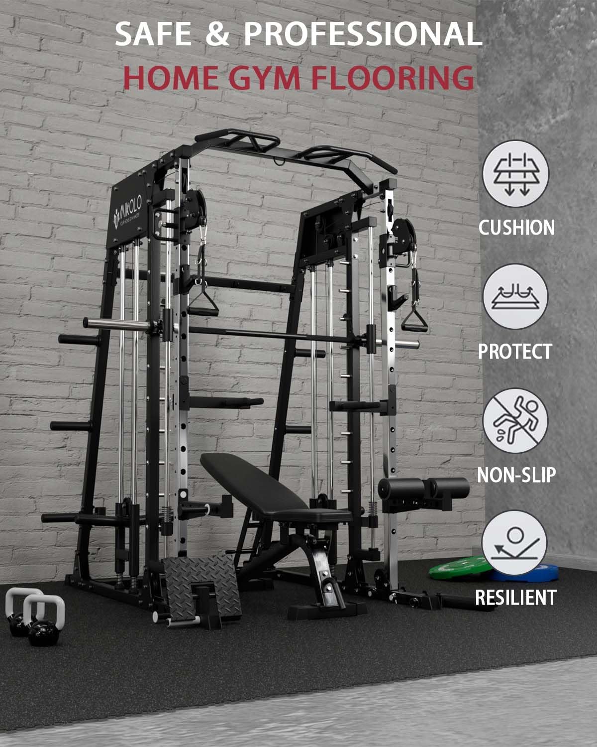 Mikolo 0.56'' Thick 12 Pcs 48 Sq Ft Gym Flooring Mats, High-Density EVA Foam with Rubber Top, Interlocking Exercise Equipment Mats for Home Gym, Protective Workout Mat