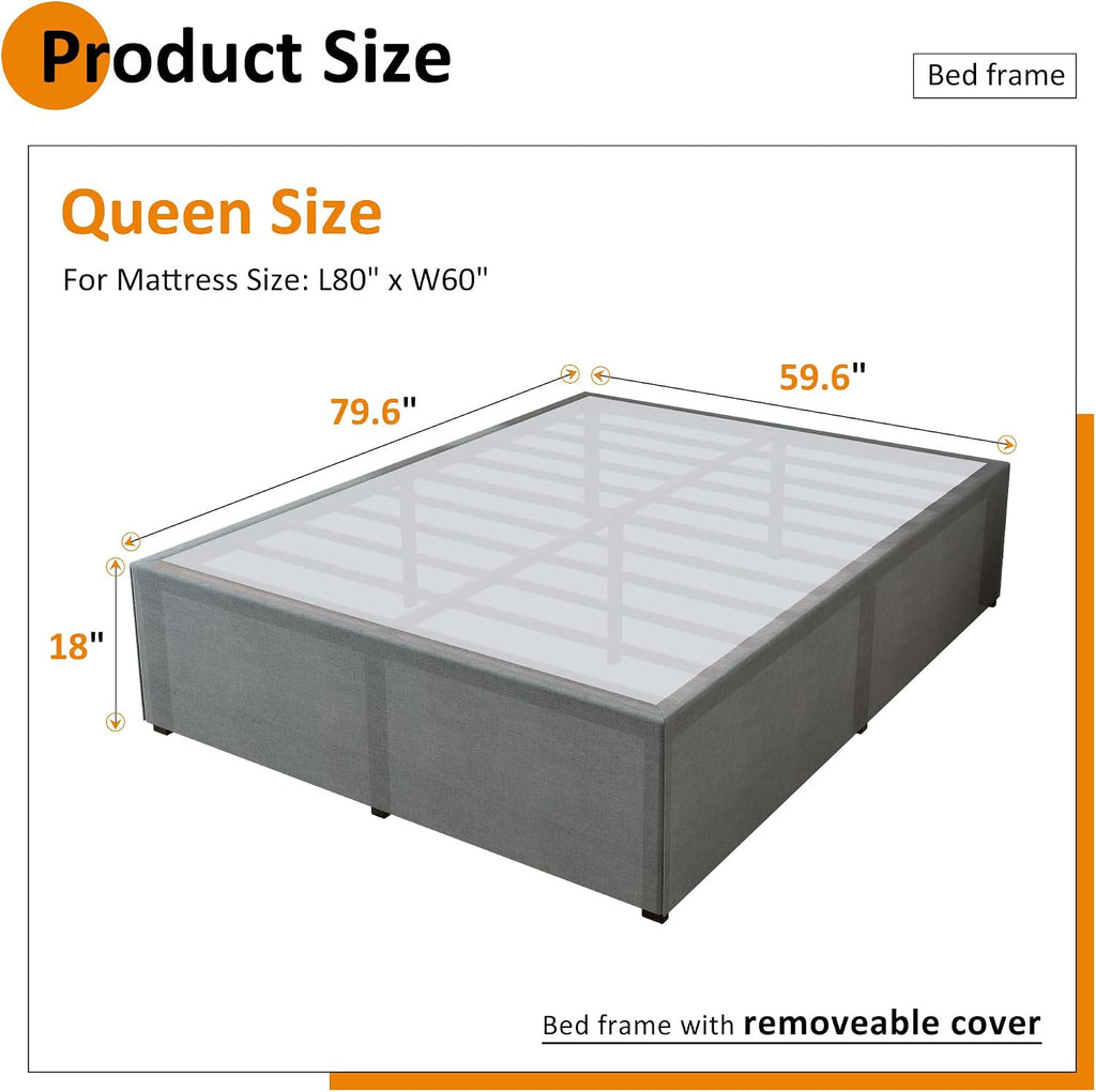 Maenizi Queen Bed Frame with Fabric Cover 18 Inch, Heavy Duty Metal Bed Frame Queen Size, No Box Spring Needed, Support Up to 3000 lbs, Easy Assembly, Noise Free, Black