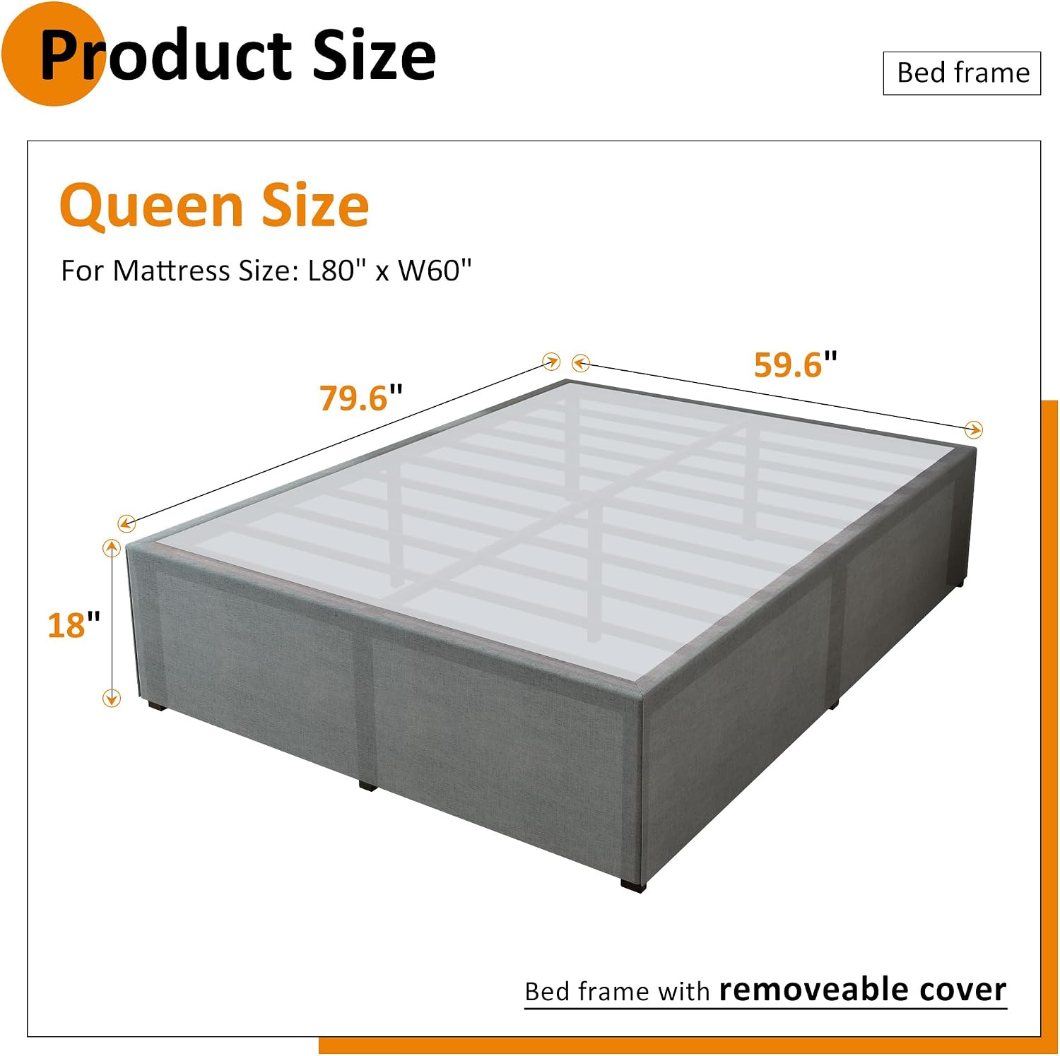 Maenizi Queen Bed Frame with Fabric Cover 18 Inch, Heavy Duty Metal Bed Frame Queen Size, No Box Spring Needed, Support Up to 3000 lbs, Easy Assembly, Noise Free, Black