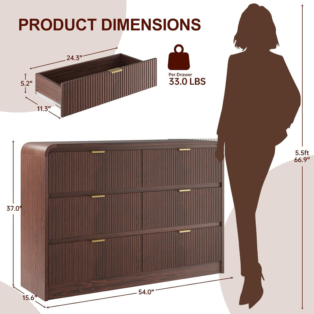 FURSUN Fluted 6 Drawers Dresser for Bedroom, 54' Wide Wooden Dresser with Metal Handle, Curved Profile Design, Modern Storage Organizer for Bedroom, Living Room, Hallway, Dark Walnut