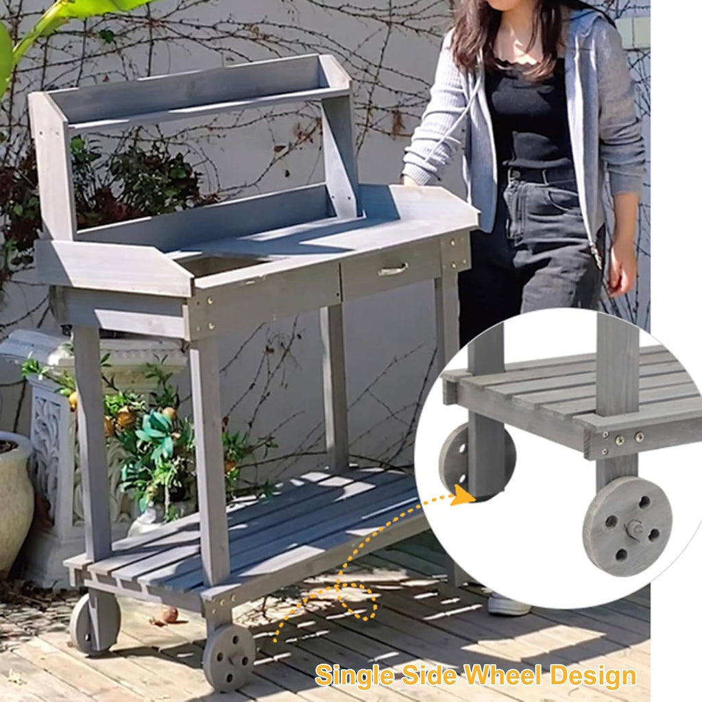 Potting Bench Table w/Wheels, Wood Garden Work Table with Sink, Drawer and Storage Shelves, Gardening Workstation for Yard Lawn Patio Indoor Outdoor Flower Plant Pot Bench