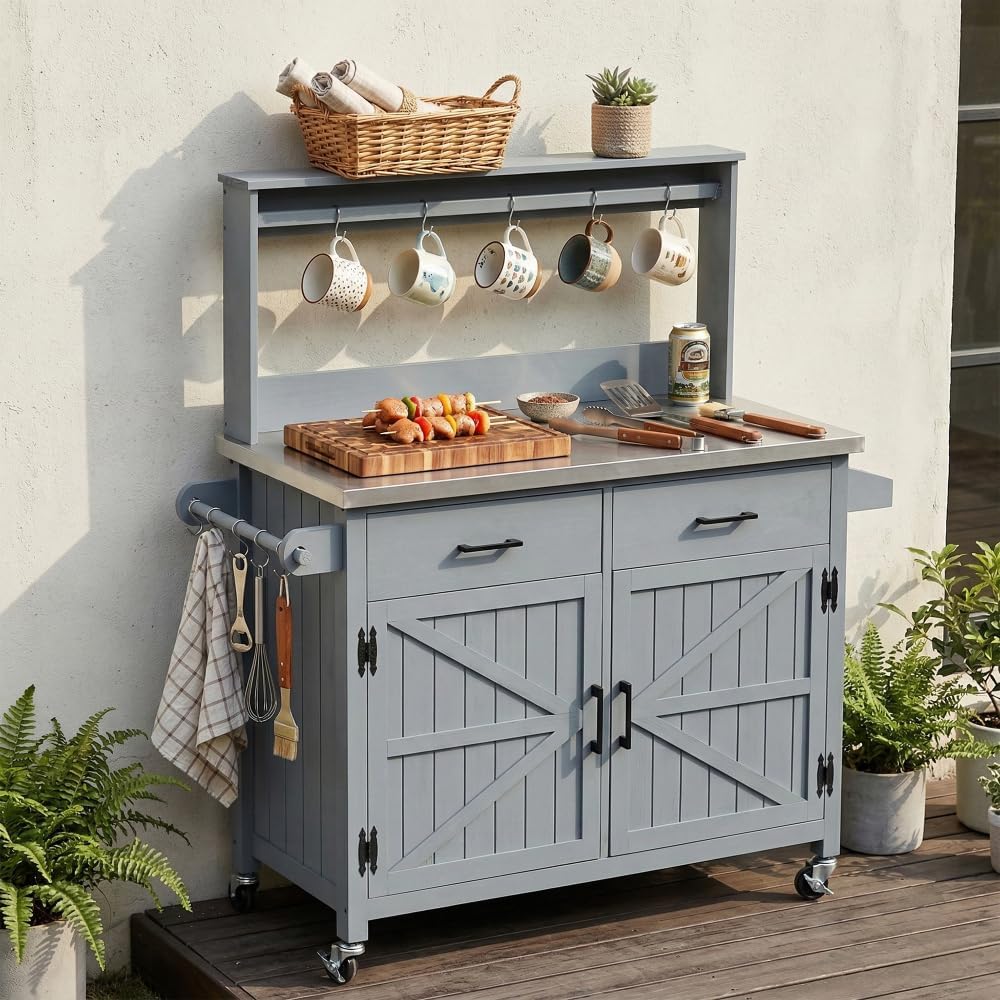 54.1' Outdoor Kitchen Island with High Shelf, Large Outdoor Garden Potting Bench Table with Stainless Steel Top and Storage Cabinet, Solid Wood Grill Cart With Lockable Wheels for BBQ (Grey Blue)
