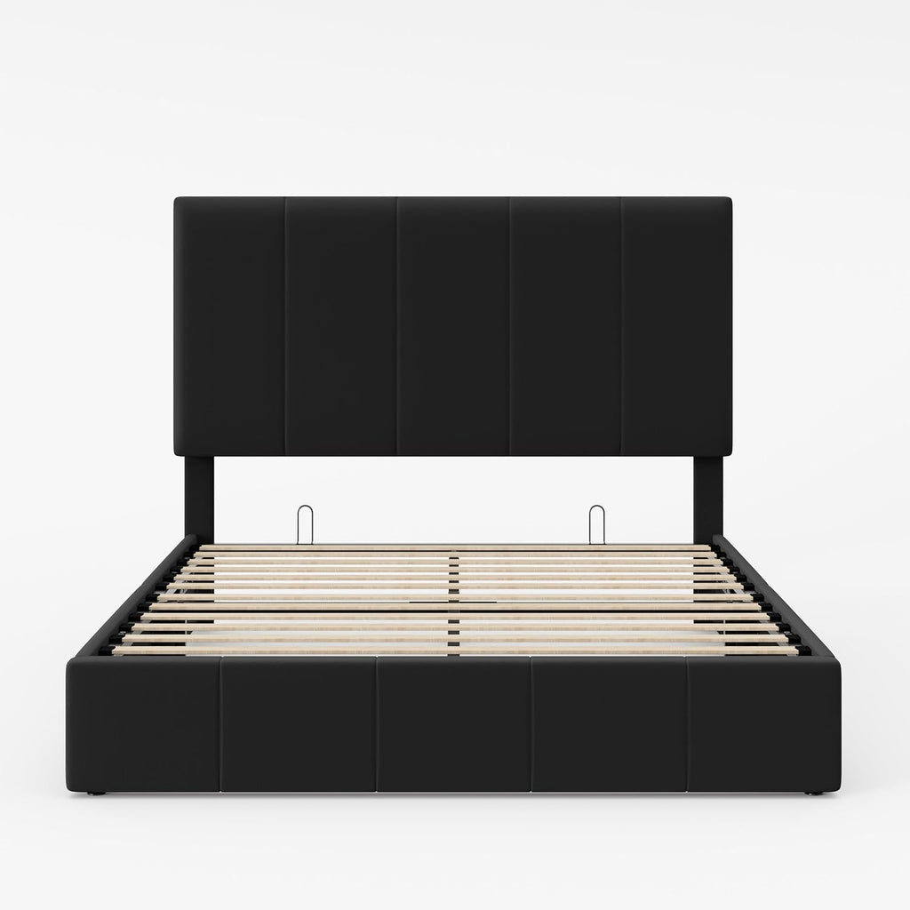 Allewie Queen Size Velvet Lift Up Storage Bed Frame, Vertical Channel Tufted Headboard, Hydrualic Underneath Storage, Upholstered Platform Bed, Wooden Slats Support, No Box Spring Needed, Black
