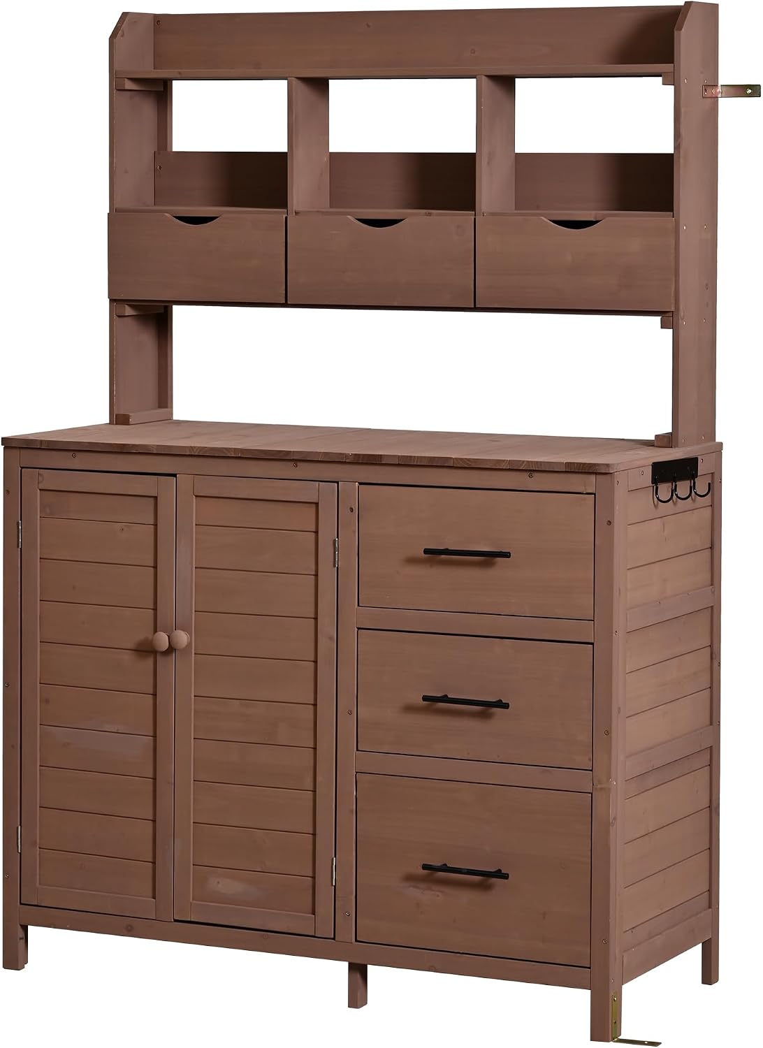 Roomfitters Garden Potting Bench with Storage Hutch, Outdoor Potting Table with 6 Drawers and Cabinets, Shelves, Brown