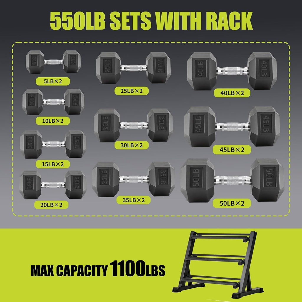 550LB 450LB 350LB Dumbbell Set with Rack Rubber Coated Dumbbells 5-50 Hex Weights Dumbbells Set for Home Workout Complete Weight Set with Rack Heavy
