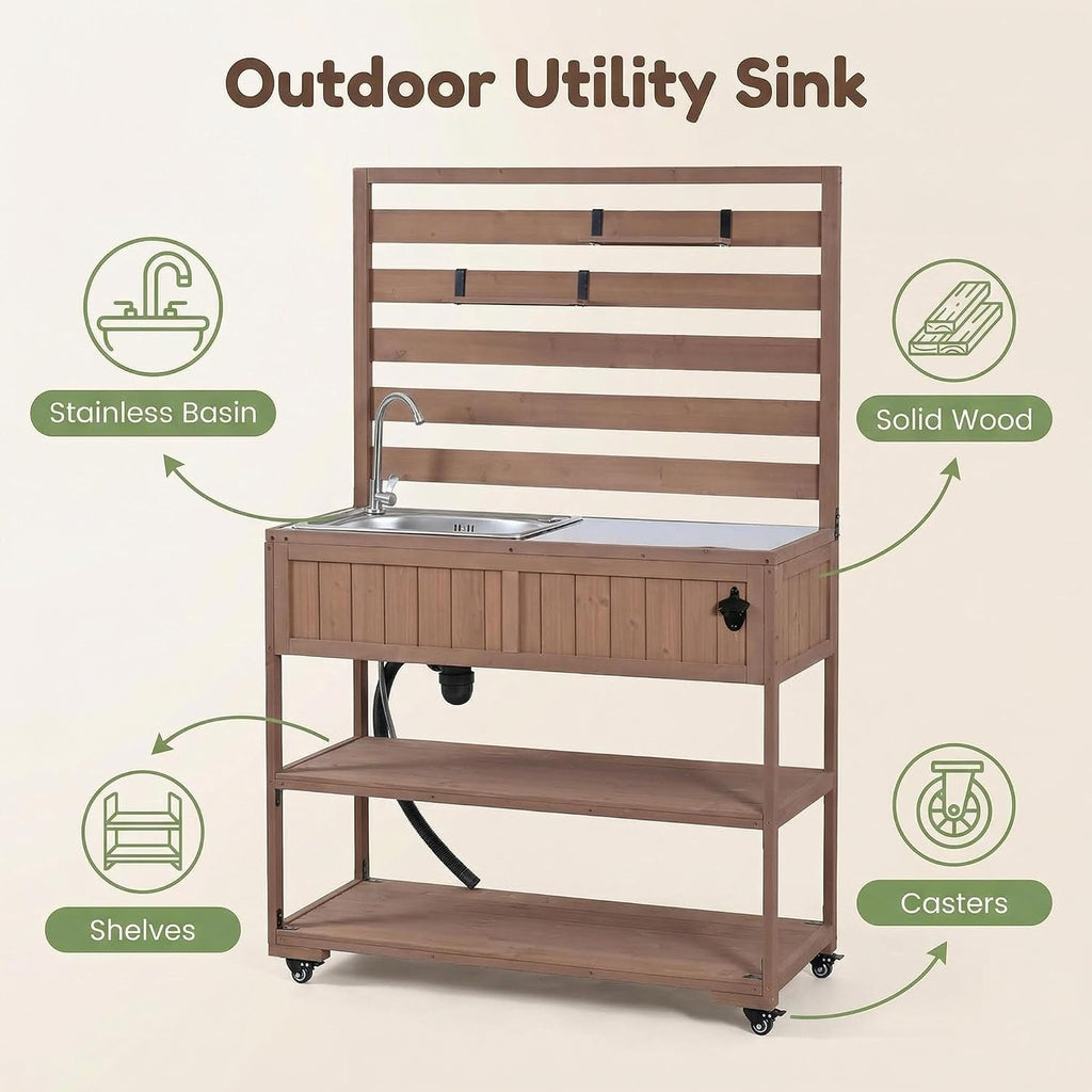 Outdoor Grill Table with Stainless Steel Sink, Outdoor Sink Station, 41.7' Rolling Kitchen Island Cart, Solid Wood Potting Table, 2 Shelves (Brown)