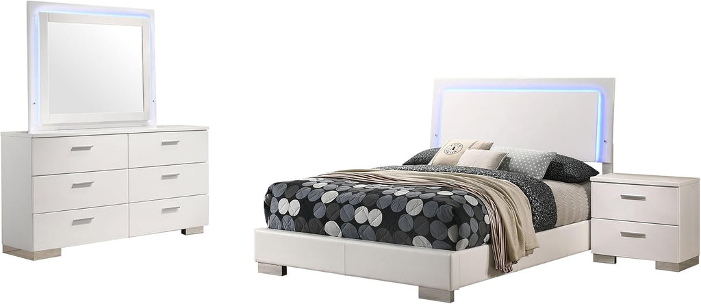 Coaster Home Furnishings Felicity Contemporary 4-Piece Bedroom Set Full Size LED Panel Bed Frame 49-inch Headboard White High Gloss 203500F-S4L