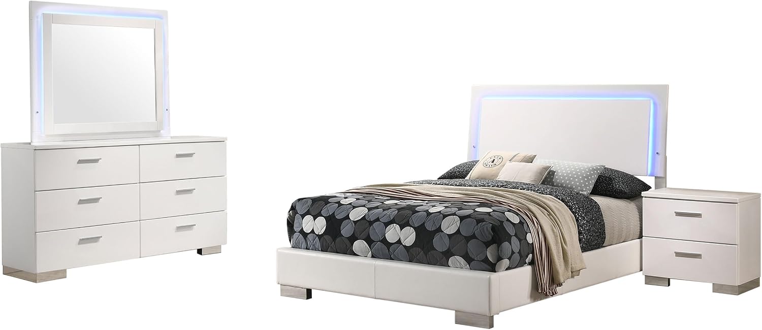 Coaster Home Furnishings Felicity Contemporary 4-Piece Bedroom Set Full Size LED Panel Bed Frame 49-inch Headboard White High Gloss 203500F-S4L