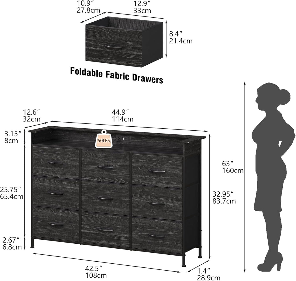 EXOTICA Black Dresser with Charging Station 9 Drawers Dresser with LED Light and USB Ports Fabric Dressers for Bedroom Hallway Entryway Closets Sturdy Steel Frame Wood Top